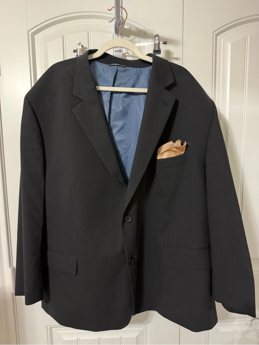 Men's Black Two-Button Sport Coat with pants. Blue lining.